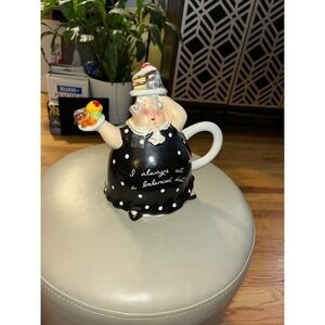 Mud Pie Teapot Lady Balanced Diet Figural Ceramic Polka Dot Black White 8.5in